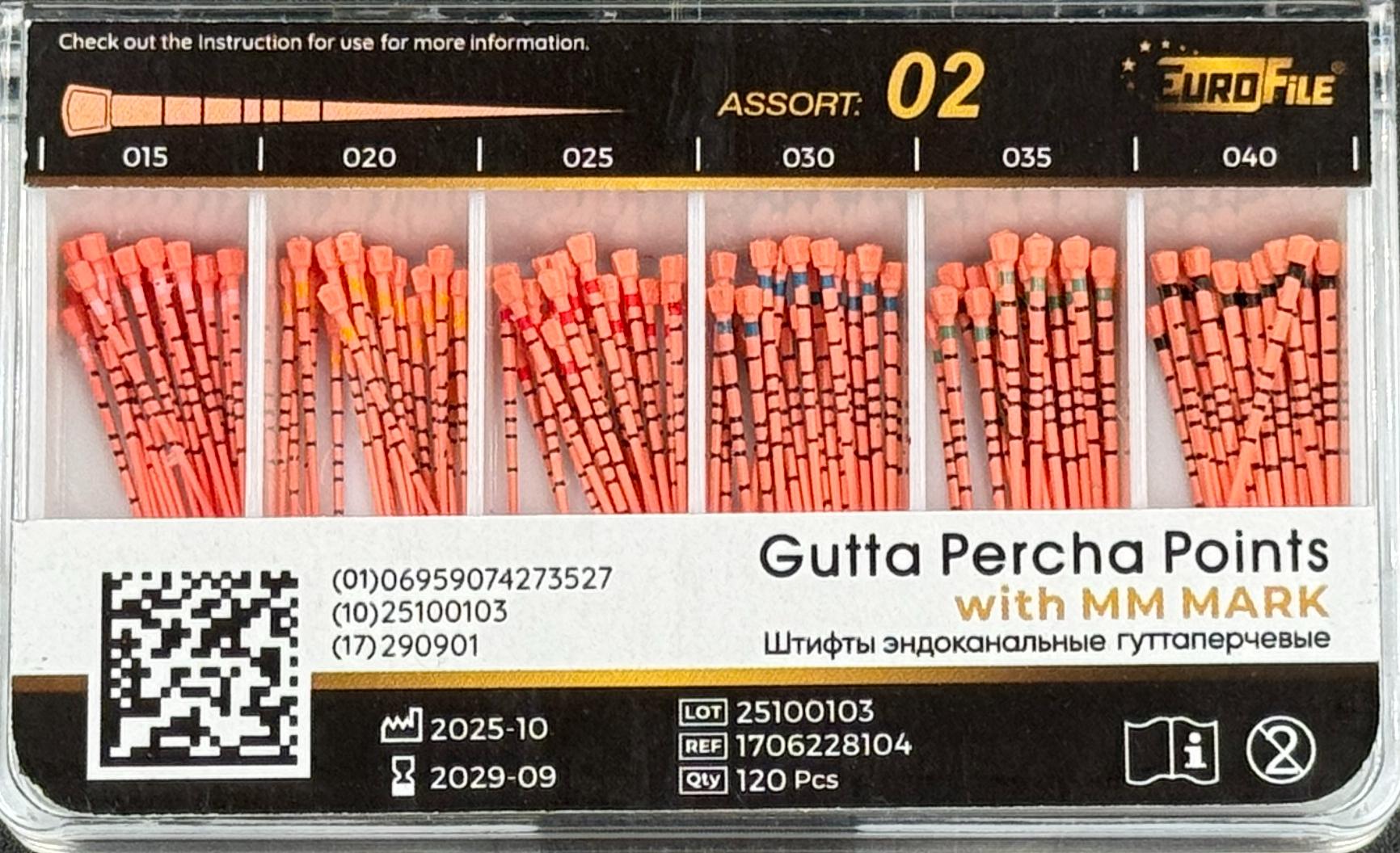Штифты гуттаперчивые 02 15-40 120 шт. с миллиметровой маркировкой EUROFILE