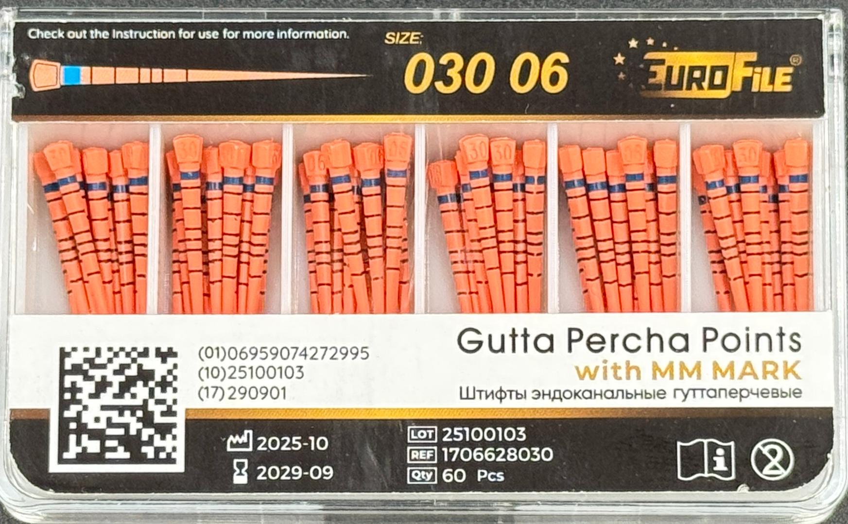 Штифты гуттаперчивые 06-30 60 шт. с миллиметровой маркировкой EUROFILE