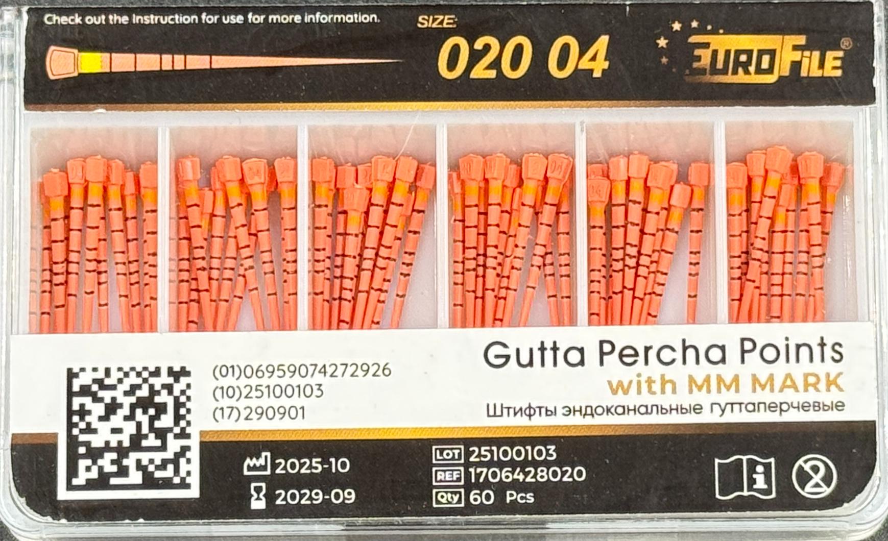 Штифты гуттаперчивые 04-20 60 шт. с миллиметровой маркировкой EUROFILE