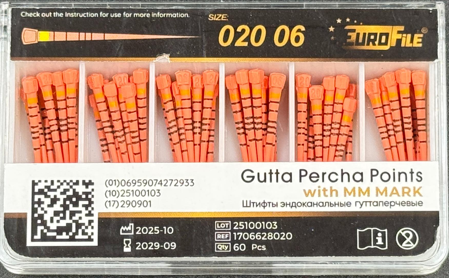 Штифты гуттаперчивые 06-20 60 шт. с миллиметровой маркировкой EUROFILE