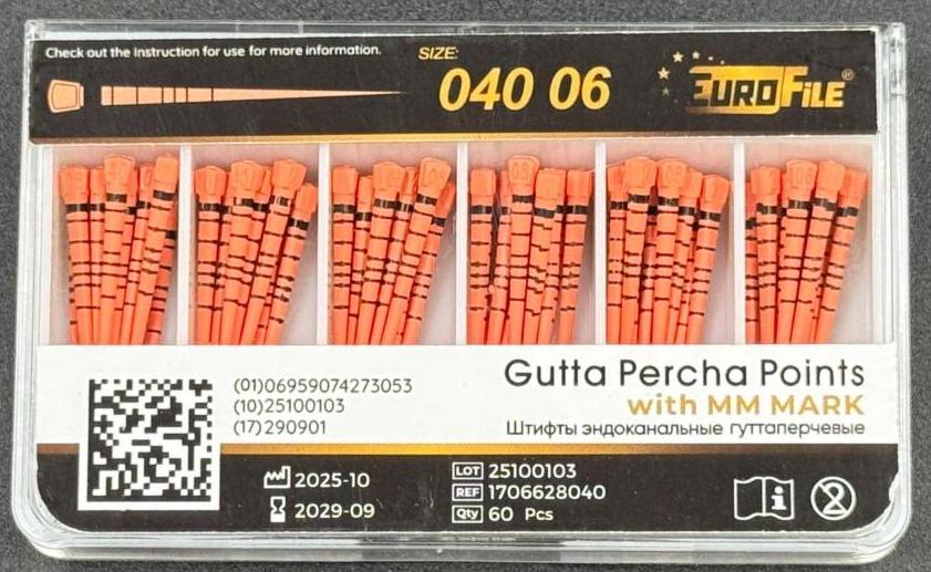 Штифты гуттаперчивые 06-40 60 шт. с миллиметровой маркировкой EUROFILE