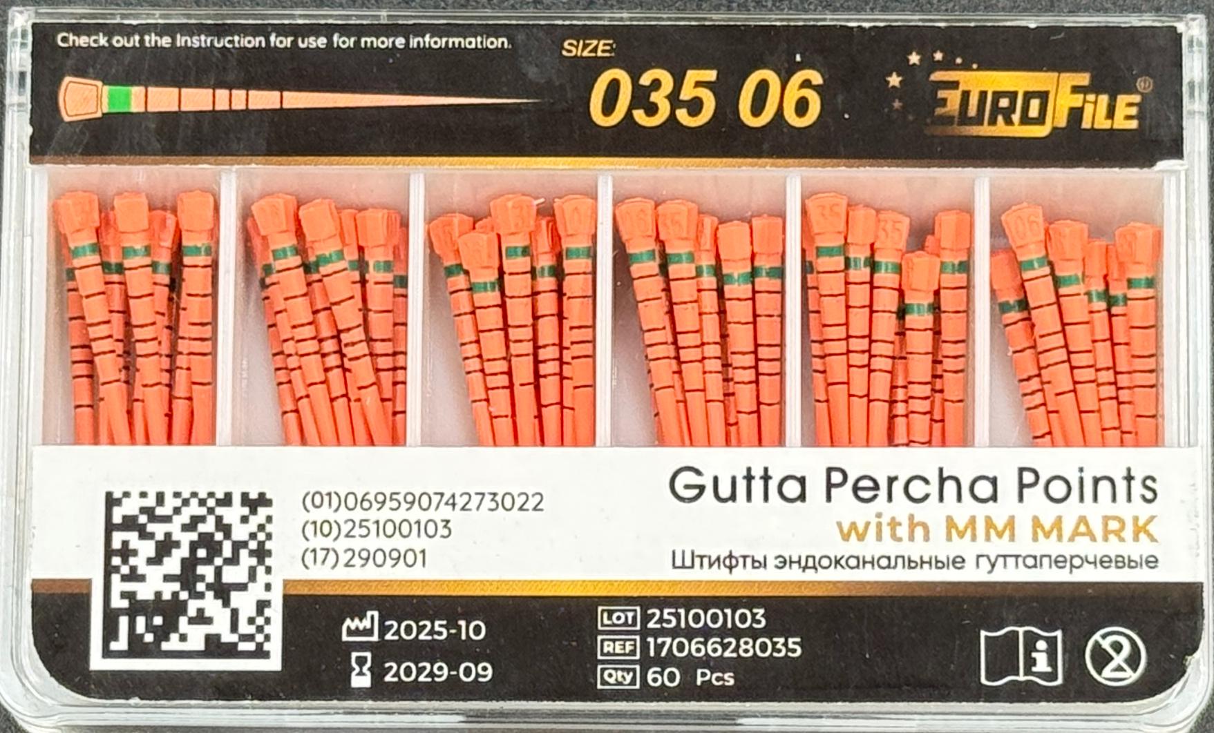 Штифты гуттаперчивые 06-35 60 шт. с миллиметровой маркировкой EUROFILE