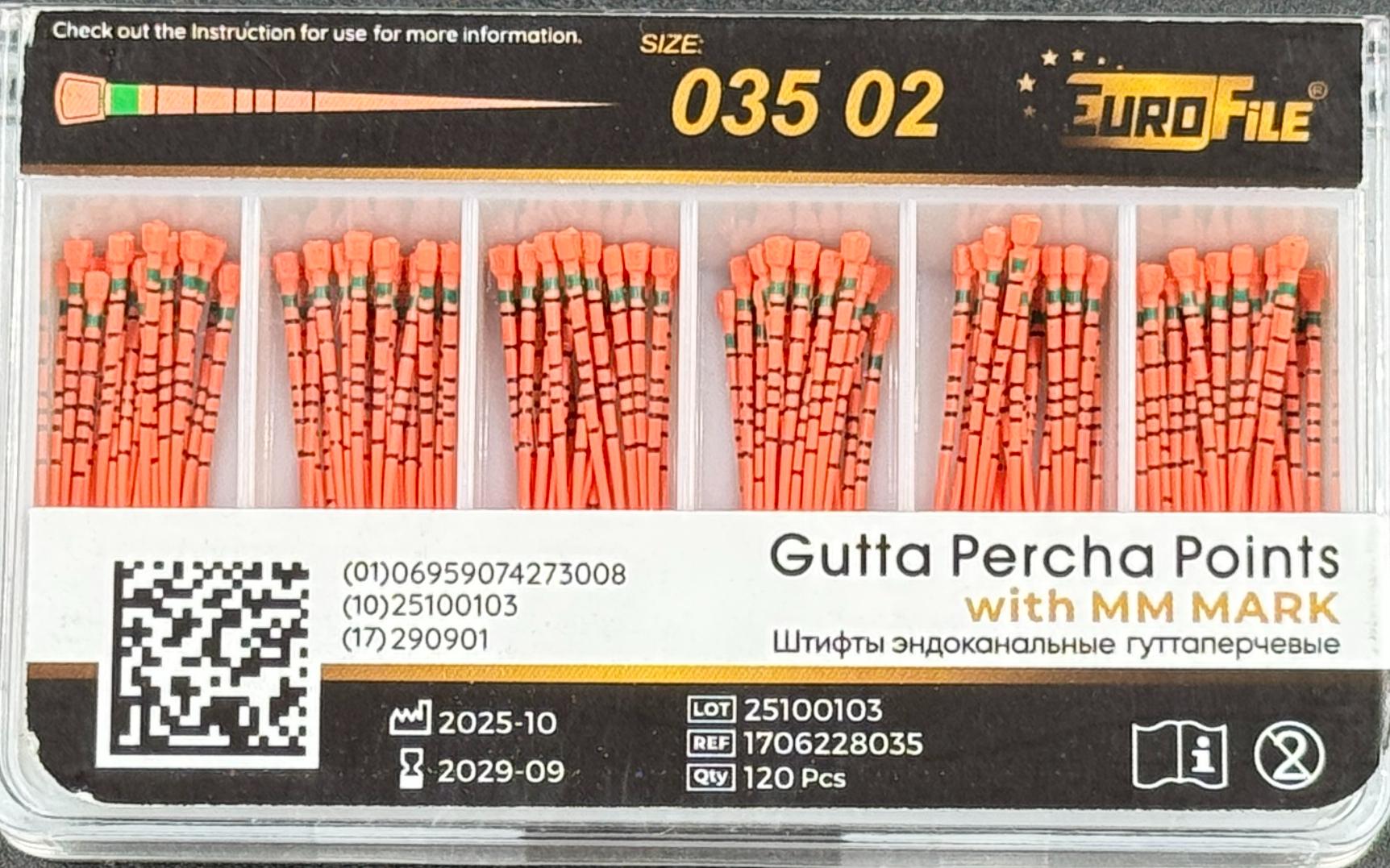 Штифты гуттаперчивые 02-35 120 шт. с миллиметровой маркировкой EUROFILE