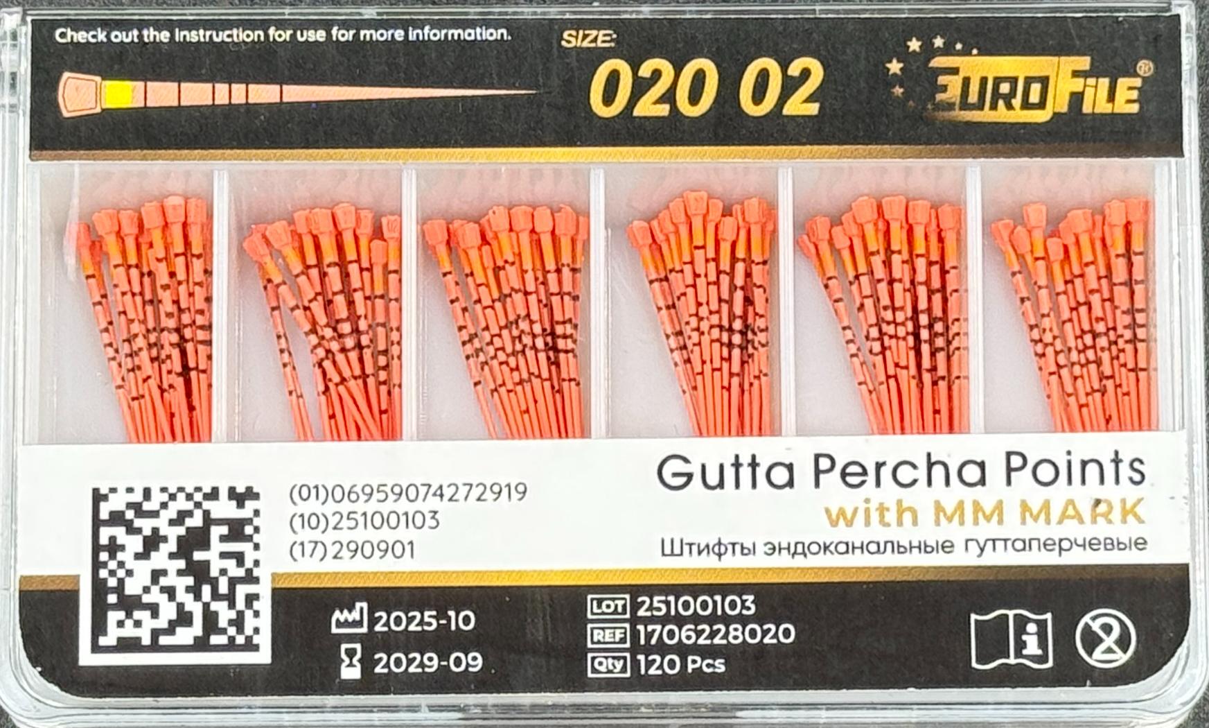 Штифты гуттаперчивые 02-20 120 шт. с миллиметровой маркировкой EUROFILE