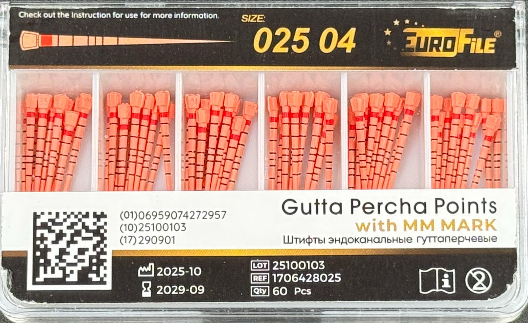 Штифты гуттаперчивые 04-25 60 шт. с миллиметровой маркировкой EUROFILE
