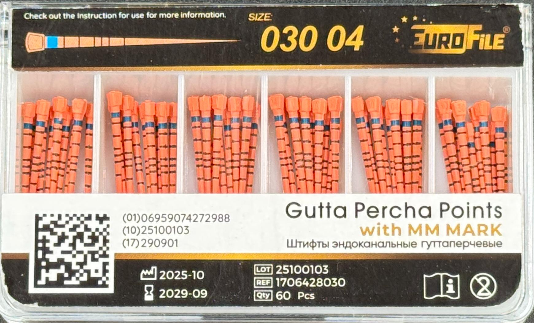 Штифты гуттаперчивые 04-30 60 шт. с миллиметровой маркировкой EUROFILE