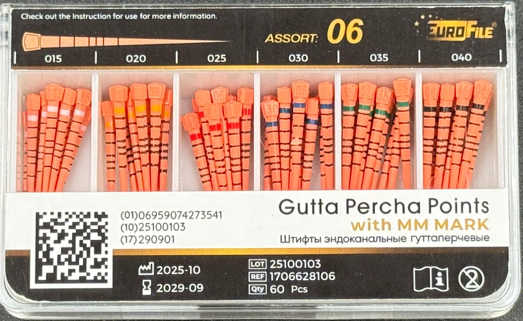 Штифты гуттаперчивые 06 15-40 60 шт. с миллиметровой маркировкой EUROFILE